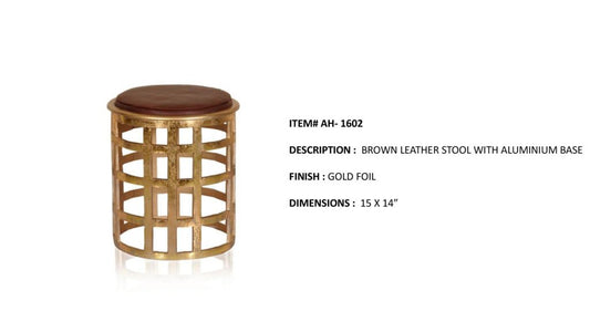 Plush Brown Leather Stool with Gleaming Aluminium Base - Chic Home Decor