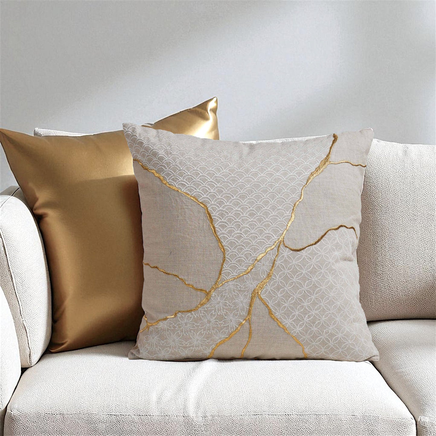 Gold & White Kintsugi Embroidered Linen Pillow Cover 18x18 Inch
