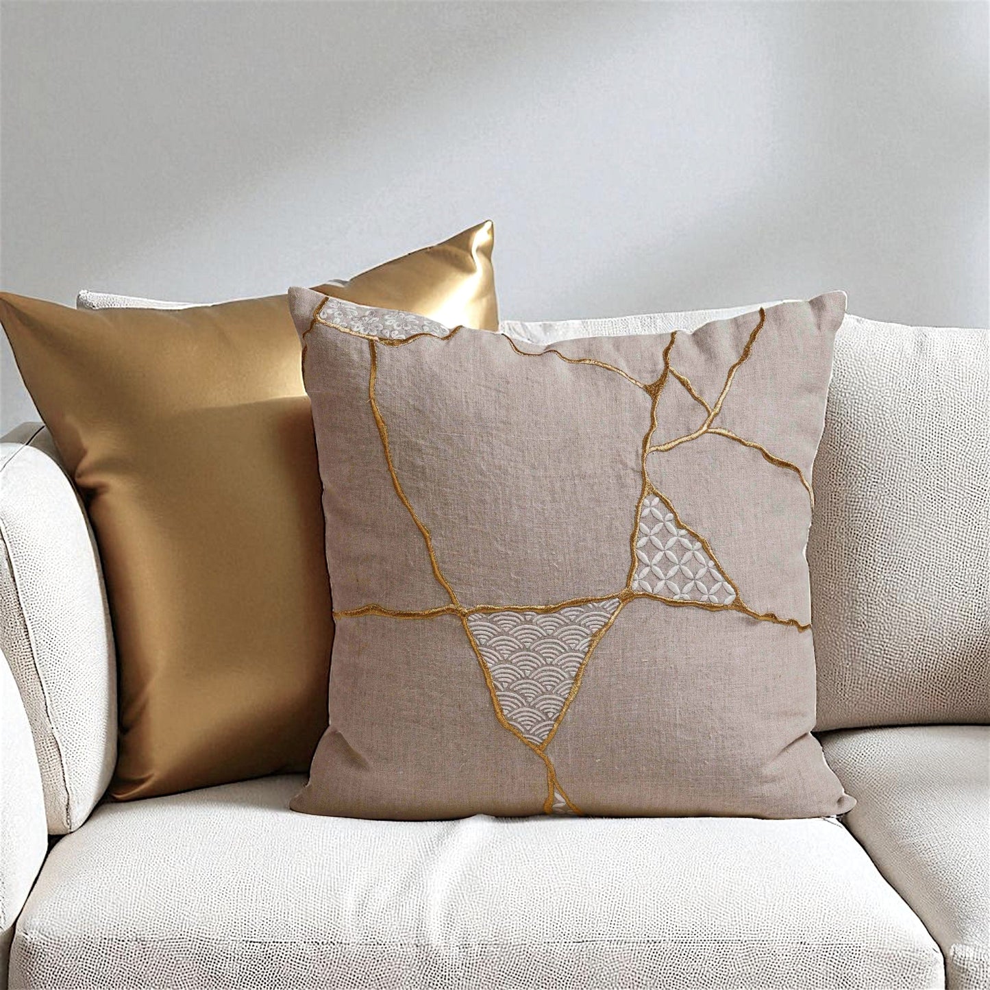 Kintsugi Gold Embroidered Linen Pillow Cover 45cm Square