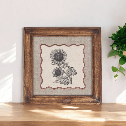 Sunflower Botanical Wall Art – Framed Gift | Embroidered Linen, 12×12 inches