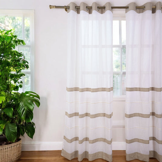 Elegant White Linen & Organdy Pleated Curtain with Beaded Detail