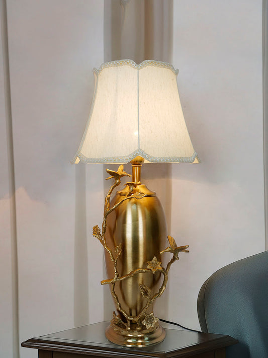 Golden Bird and Twig Table Lamp with Scalloped Cream Shade