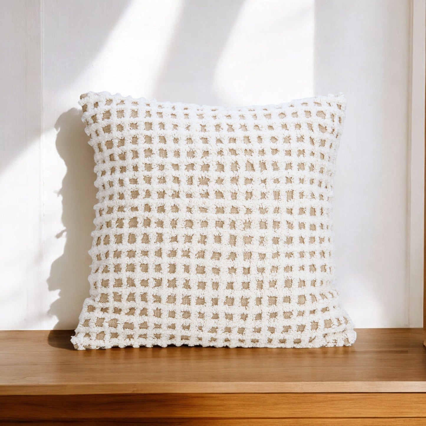 Zulu Collection Checkered Tufted Off‑White & Beige Pillow Cover 18×18