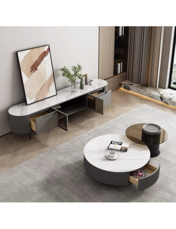 JLO Modern Coffee Table Set of 2: White Marble Top, Steel Legs, Wood Finish