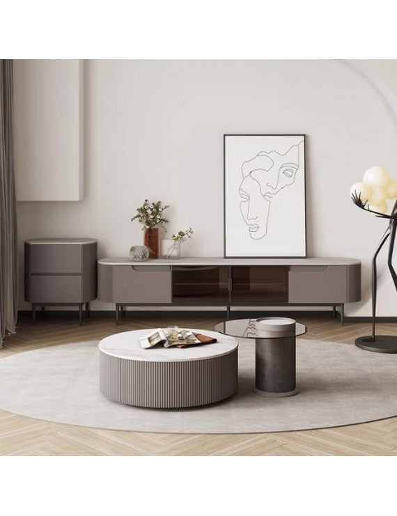JLO Modern Coffee Table Set of 2: White Marble Top, Steel Legs, Wood Finish