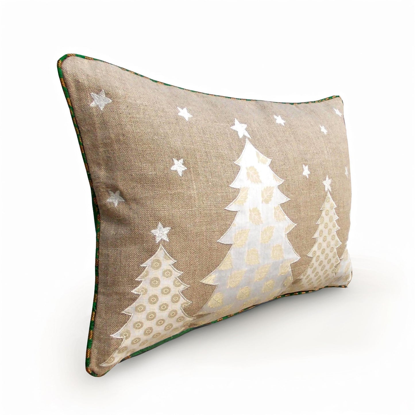 Festive White Christmas Tree Linen Pillow Cover with Brocade Detailing