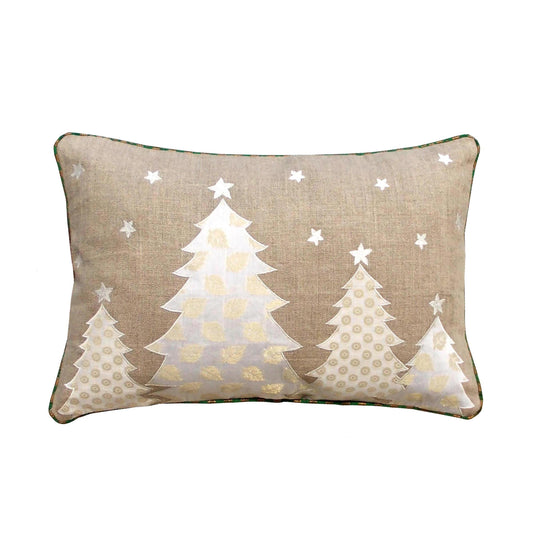 Festive White Christmas Tree Linen Pillow Cover with Brocade Detailing