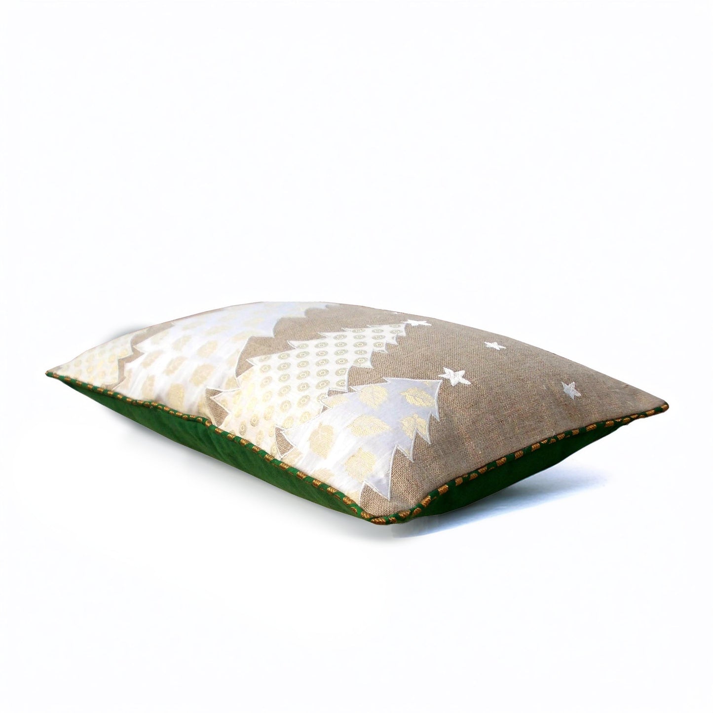 Festive White Christmas Tree Linen Pillow Cover with Brocade Detailing