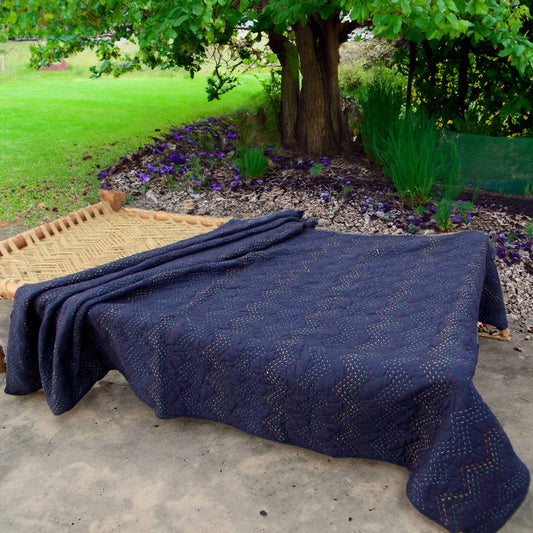 Indigo Kantha Quilt | Chevron Pattern Quilting | Handmade Cotton Bedspread
