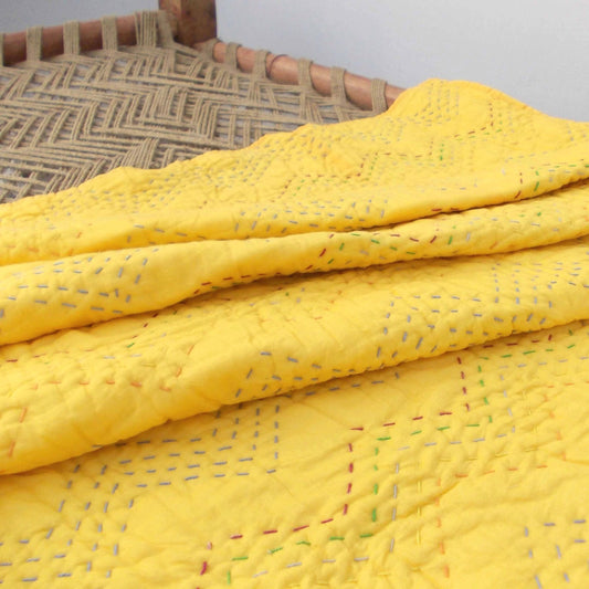 Yellow Kantha Chevron Quilted Bedspread – Twin, Queen, King Sizes