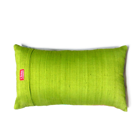 Hot Pink Green Pure Silk Ikat Embroidered Oblong Pillow Cover