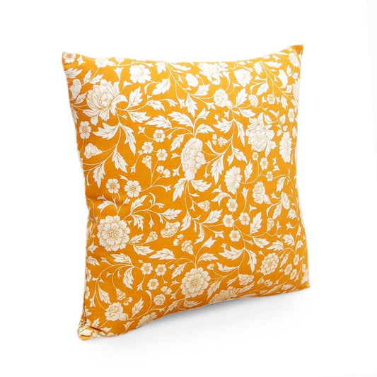Yellow Mustard Kalamkari Cotton Cushion Cover – White Floral Print | Reversible | 4 Sizes
