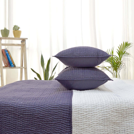 Lavender Handcrafted Kantha Quilted Bed Set with Stripe Pattern