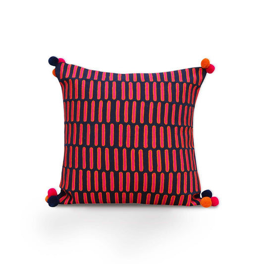 Mola Inspired Navy Blue Embroidered Cushion Cover – Hot Pink & Orange Dash Pattern, Pompom Corners, 3 Sizes