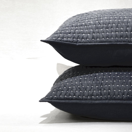 Charcoal Grey Stonewashed Kantha Quilted Pillow Sham Set