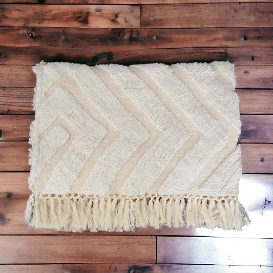 Off White Hand Tufted Cotton Throw Blanket with Diamond Pattern