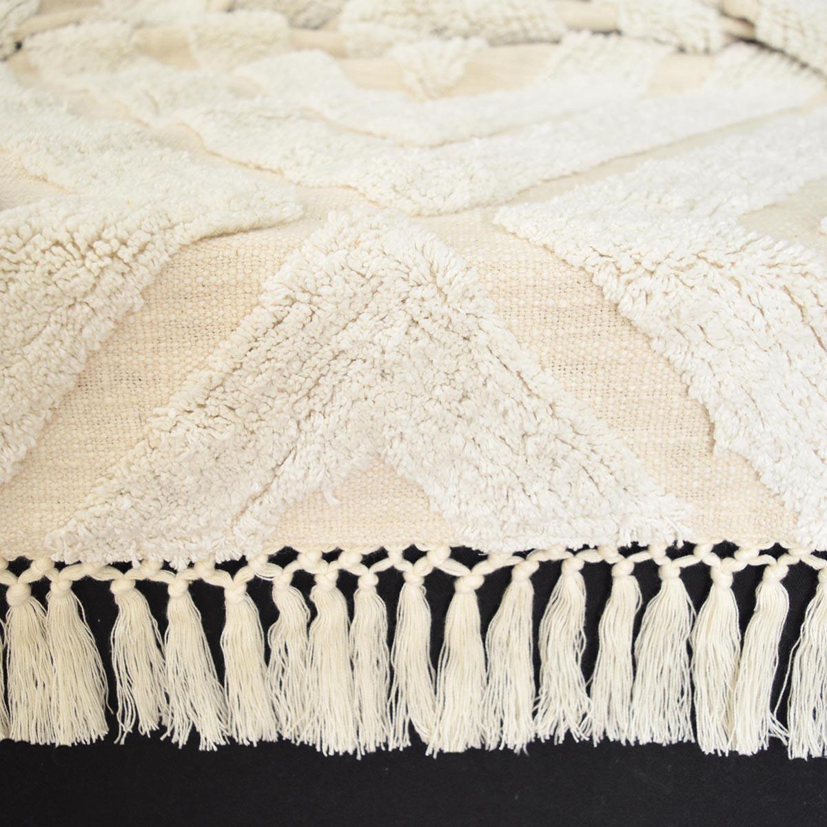 Off White Hand Tufted Cotton Throw Blanket with Diamond Pattern