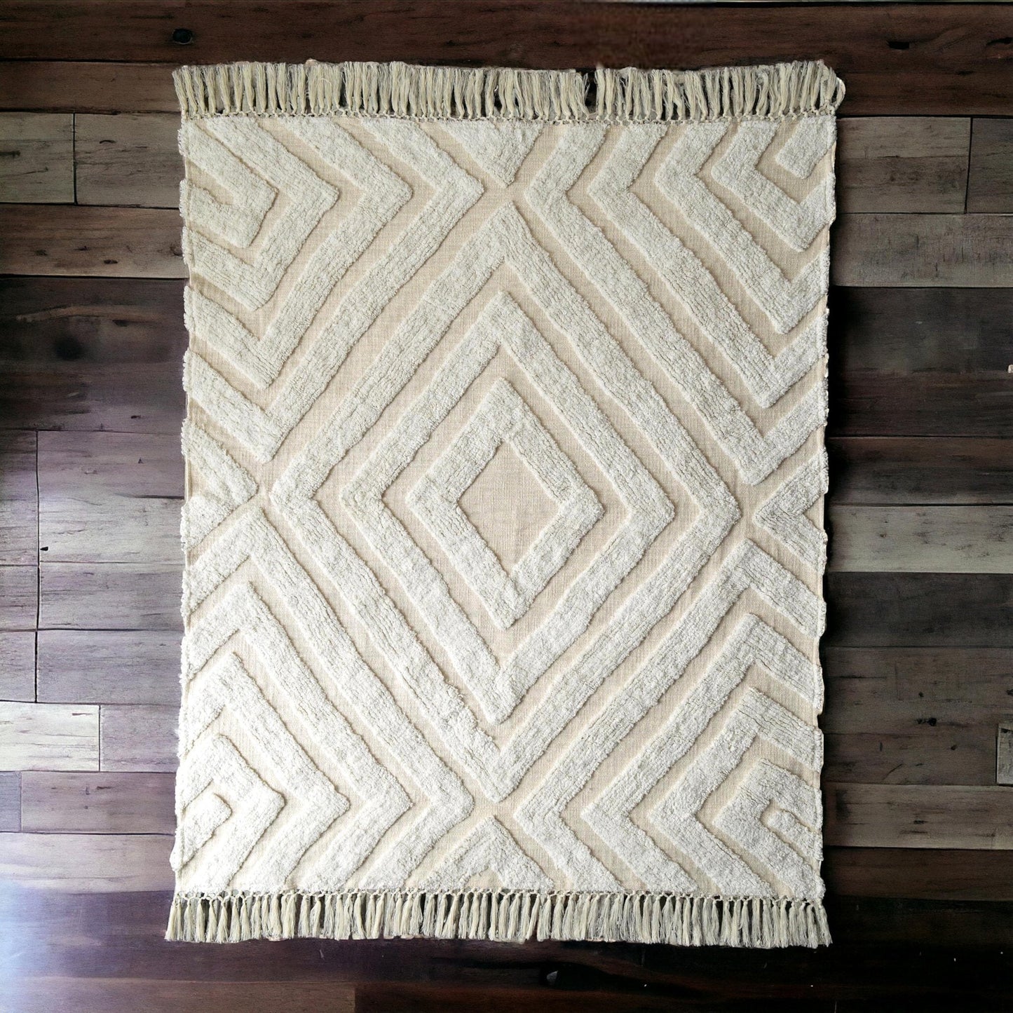 Off White Hand Tufted Cotton Throw Blanket with Diamond Pattern