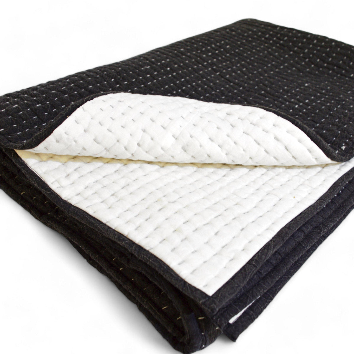 Charcoal Stonewashed Hand-Quilted Cotton Throw Blanket | Kantha-Inspired Stripe Quilting | 50" × 60" | 100% Cotton