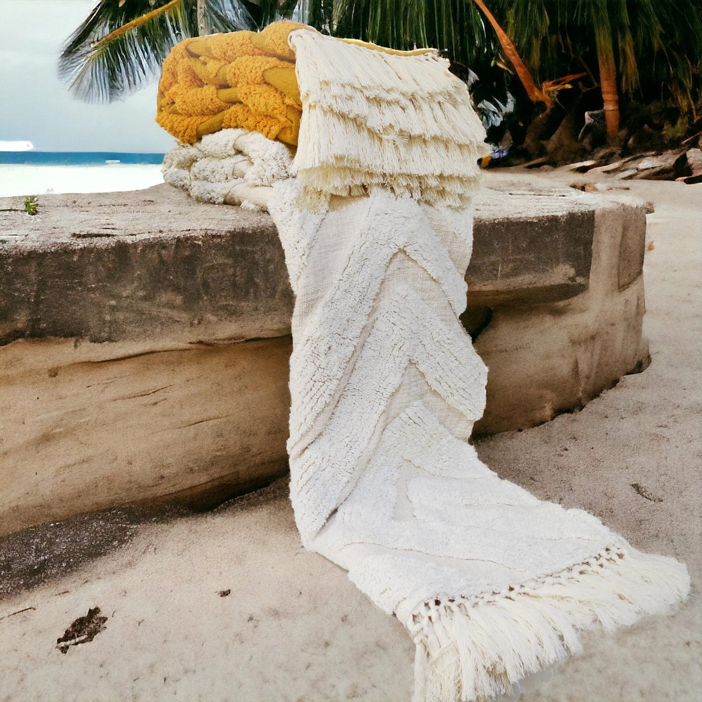 Off White Hand Tufted Cotton Throw Blanket with Diamond Pattern