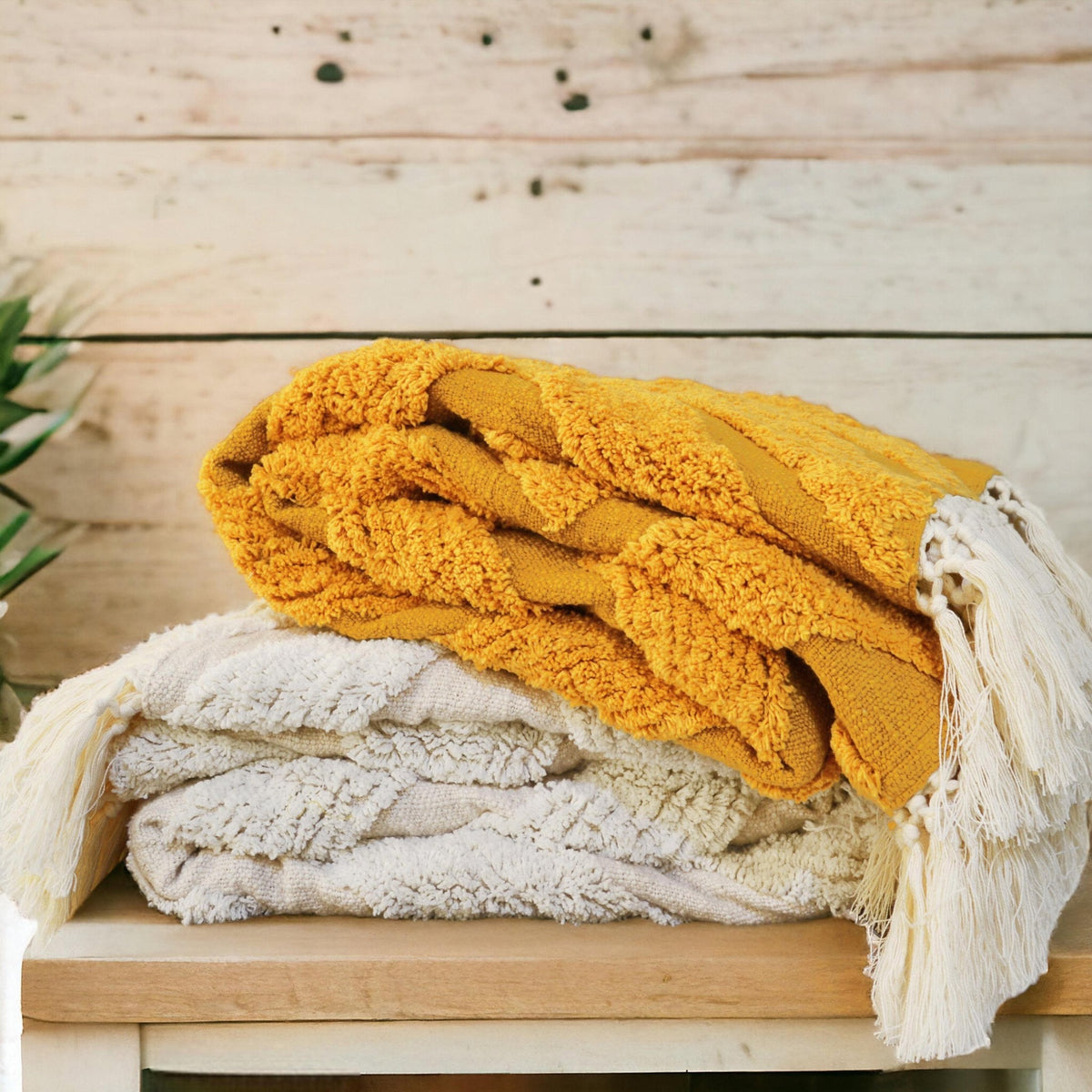 Mustard Yellow Hand-Tufted Cotton Throw Blanket | Diamond Pattern | Off-White Fringe | 44" × 55" | 100% Slub Cotton