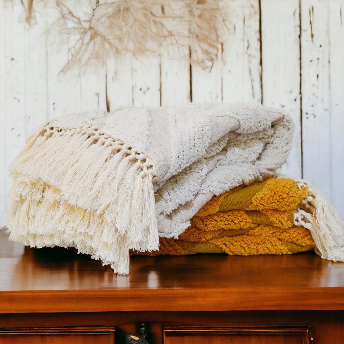 Off White Hand Tufted Cotton Throw Blanket with Diamond Pattern