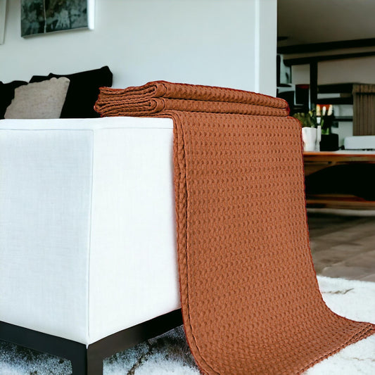 Brown Burnt Sienna Waffle Cotton Throw Blanket 50x60 inches
