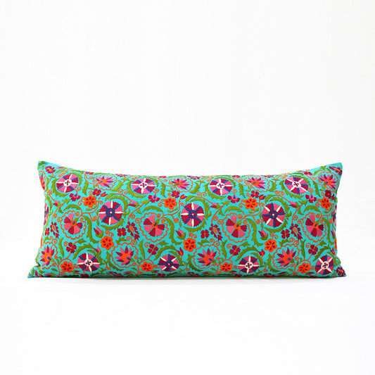 Turquoise Cotton Long Lumbar Pillow Cover with Multicolour Suzani Embroidery