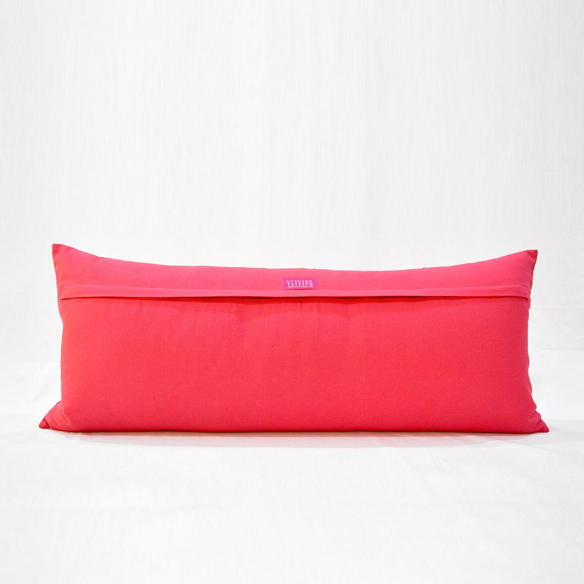 Coral Red Long Lumbar Pillow Cover with Multicolour Suzani Embroidery – Vibrant Cotton Cushion