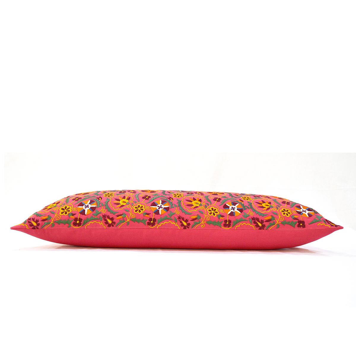 Coral Red Long Lumbar Pillow Cover with Multicolour Suzani Embroidery – Vibrant Cotton Cushion