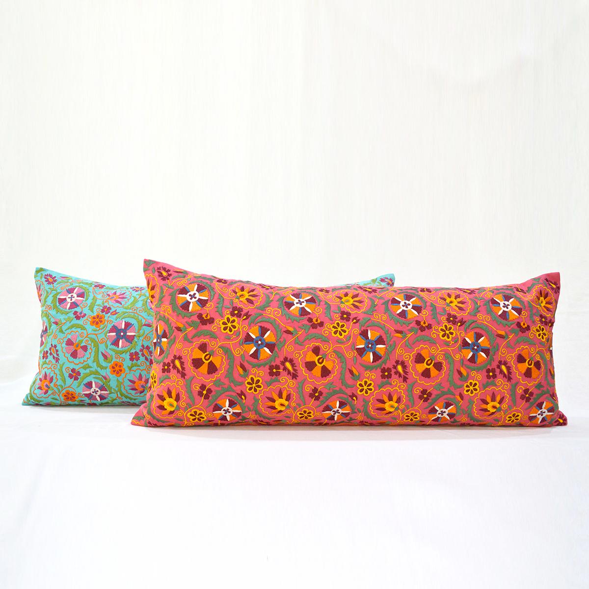 Coral Red Long Lumbar Pillow Cover with Multicolour Suzani Embroidery – Vibrant Cotton Cushion