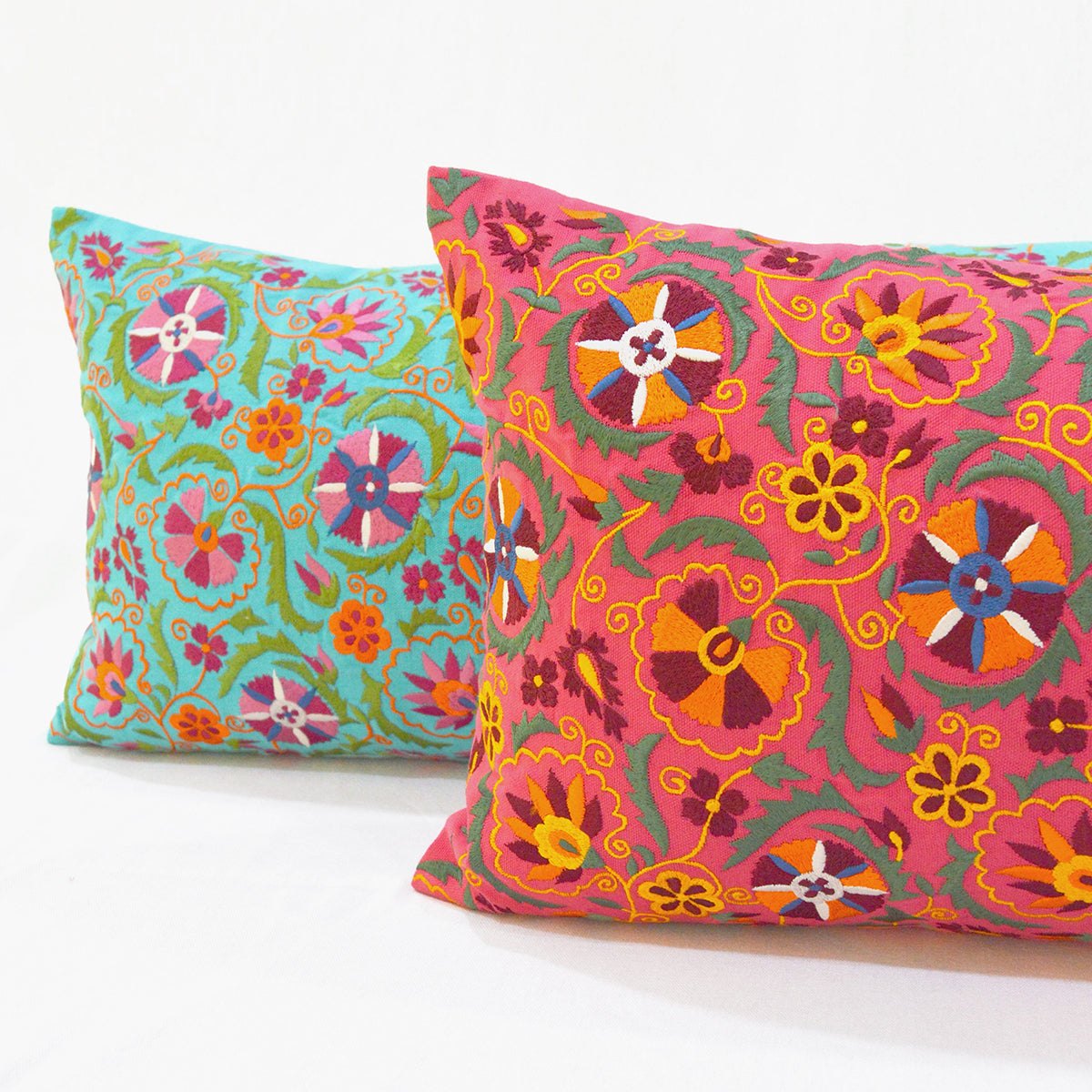 Coral Red Long Lumbar Pillow Cover with Multicolour Suzani Embroidery – Vibrant Cotton Cushion