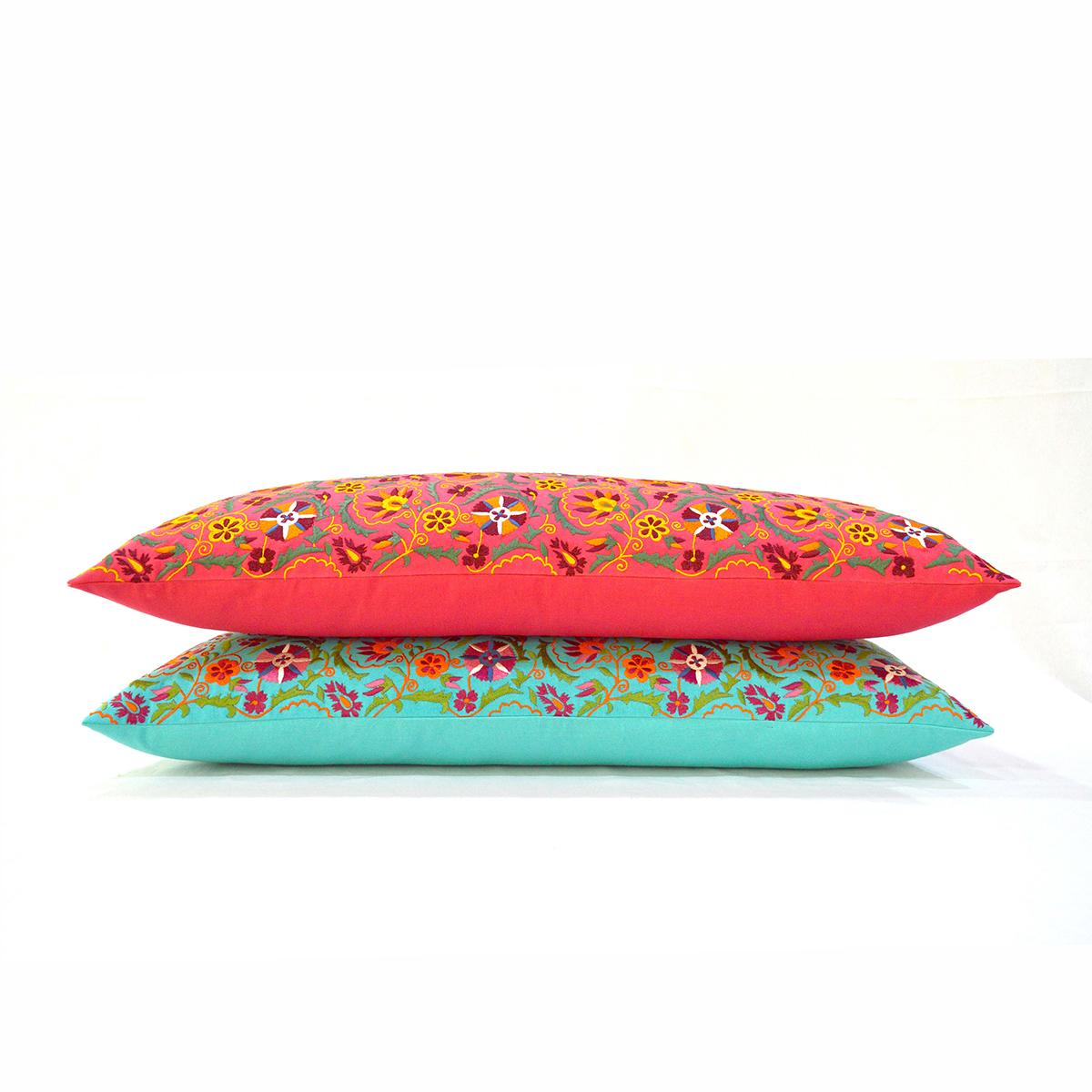 Coral Red Long Lumbar Pillow Cover with Multicolour Suzani Embroidery – Vibrant Cotton Cushion