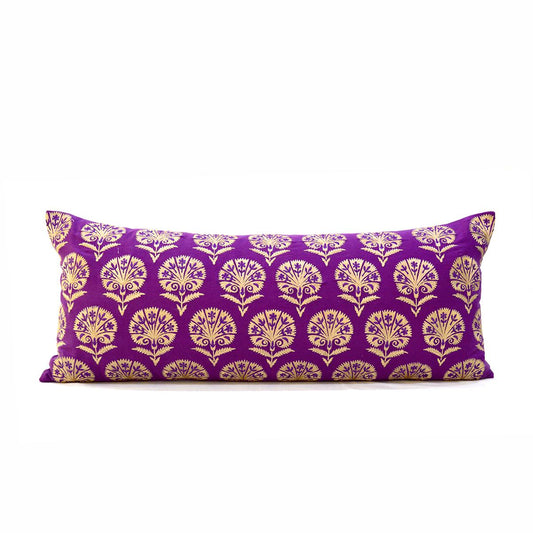 Plum Cotton Long Lumbar Pillow Cover with Suzani Silk Embroidery