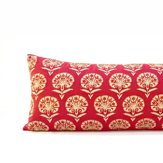 Red Cotton Lumbar Pillow Cover with Suzani Silk Embroidery