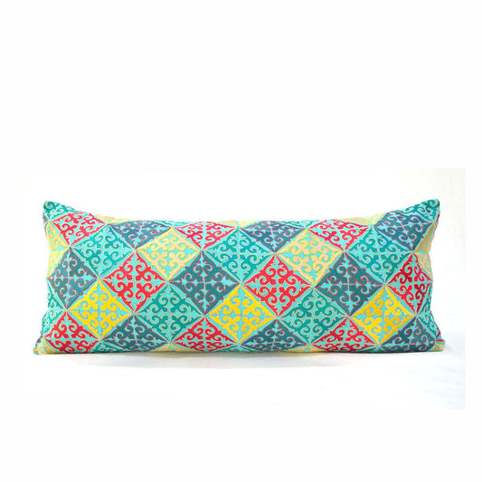 KASHIDAKAARI Turquoise Cotton Lumbar Pillow Cover with Shyrdak Embroidery