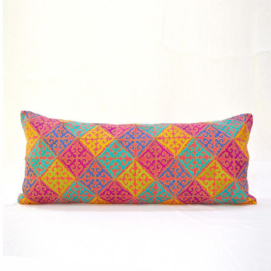 Coral Red Cotton Lumbar Pillow Cover with Shyrdak Embroidery