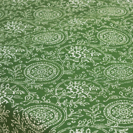Green Cotton Table Cloth with Kalamkari Print and Stripe Border