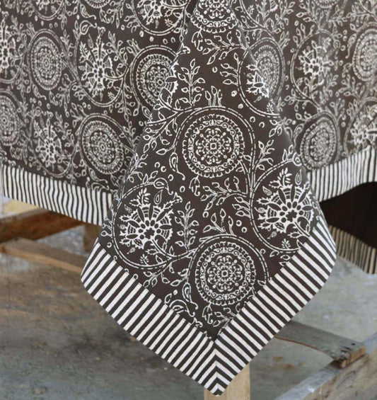 Handcrafted Brown Kalamkari Cotton Table Cloth with Stripe Border