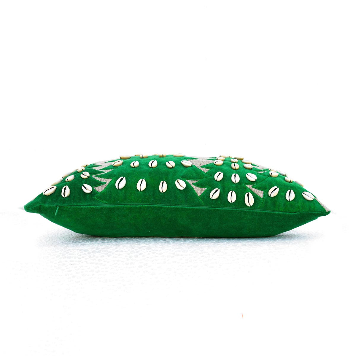 Festive Christmas Linen Pillow Cover with Velvet Tree Applique and Cowrie Shells