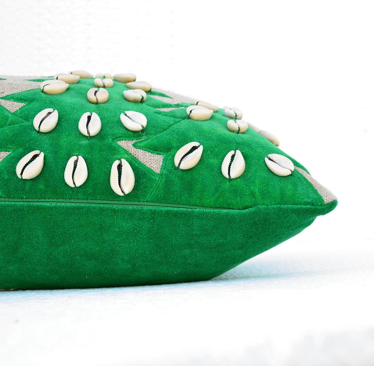 Festive Christmas Linen Pillow Cover with Velvet Tree Applique and Cowrie Shells
