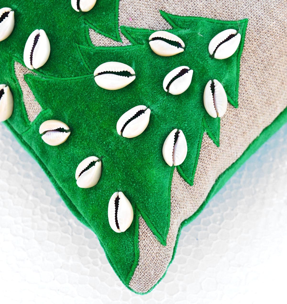 Festive Christmas Linen Pillow Cover with Velvet Tree Applique and Cowrie Shells