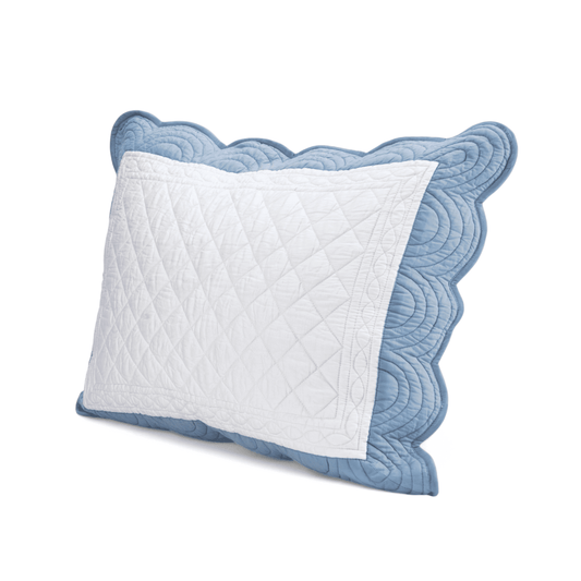 Amour White & Duck Egg Cotton Pillow Sham with Scalloped Border