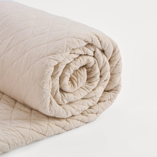 Amour Beige Cotton Linen Quilted Bedspread with Scalloped Border