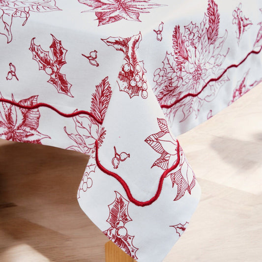 Red & White Cotton Christmas Tablecloth with Poinsettia Wave Embroidery