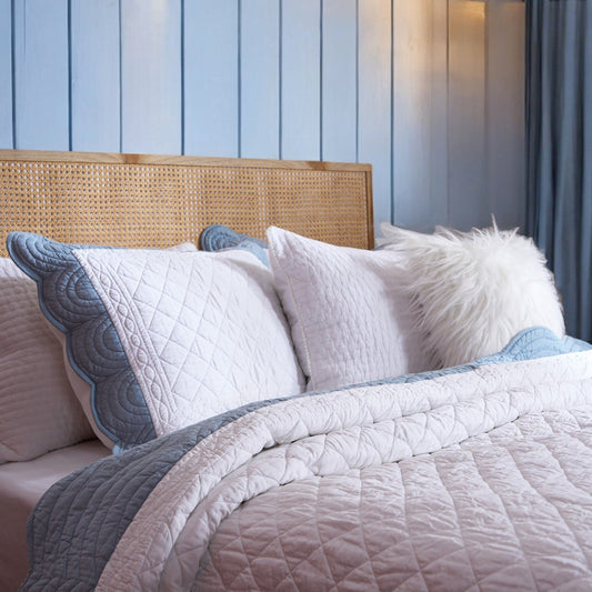 Amour Scalloped Quilt Bed Set | White & Duck Egg Cotton | Diamond Quilting | Handmade