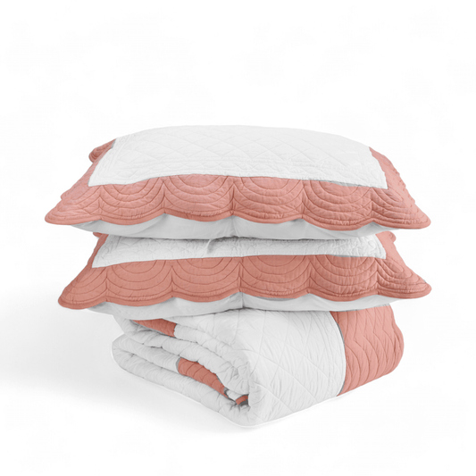 Amour Scalloped Quilt Bed Set | White & Coral Cotton | Diamond Quilting | Handmade