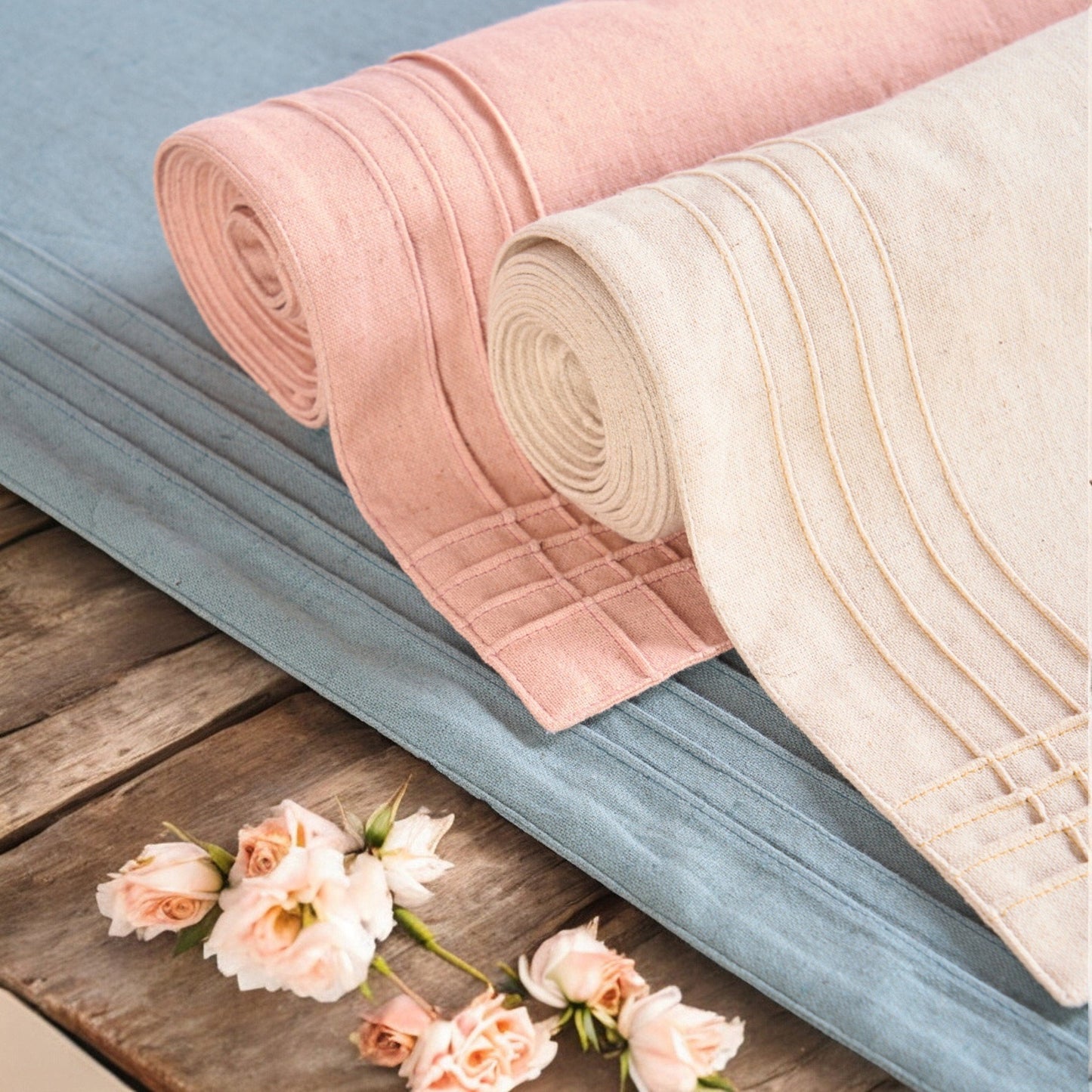 Blush Linen Cotton Table Runner with Pintuck Border – Elegant Solid Finish