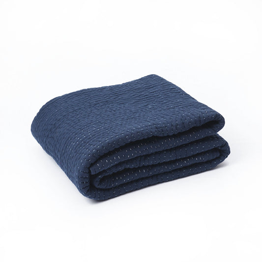 Indigo Hand-Quilted Muslin Gauze Kantha Bedspread – Premium Cotton