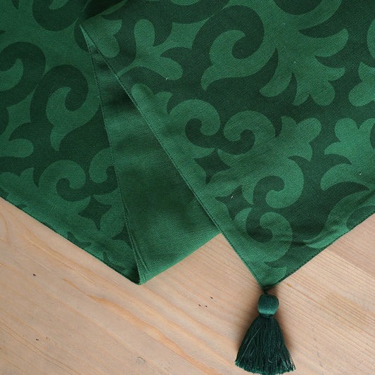 Tropical Green Moroccan Print Table Runner Handcrafted Cotton with Tassels